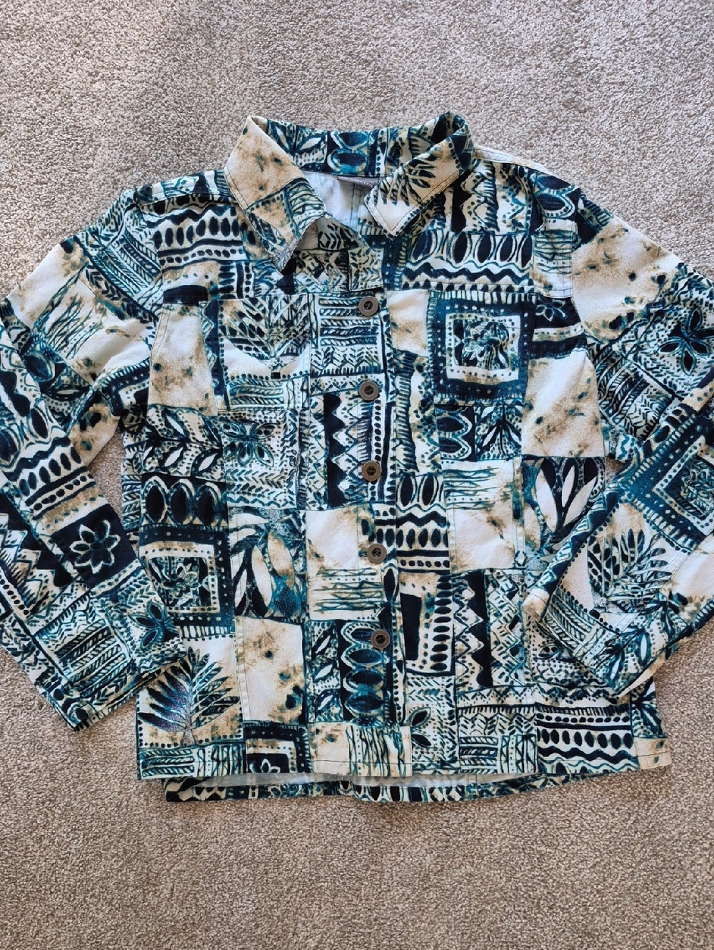 Womens Teal Patterned Button-Up Shirt Jacket